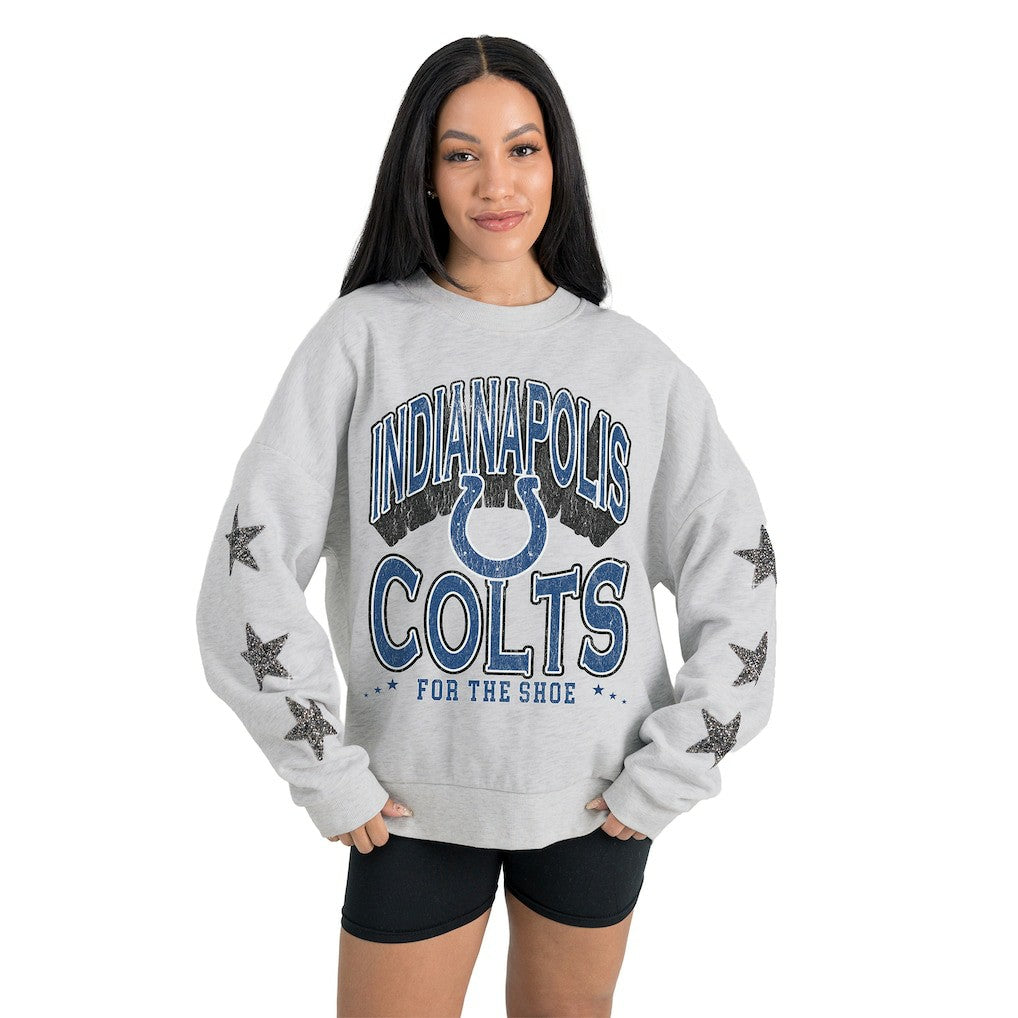 Indianapolis Colts Gameday Couture Women's Resilience Relaxed Rhinestone Pullover Sweatshirt Ash