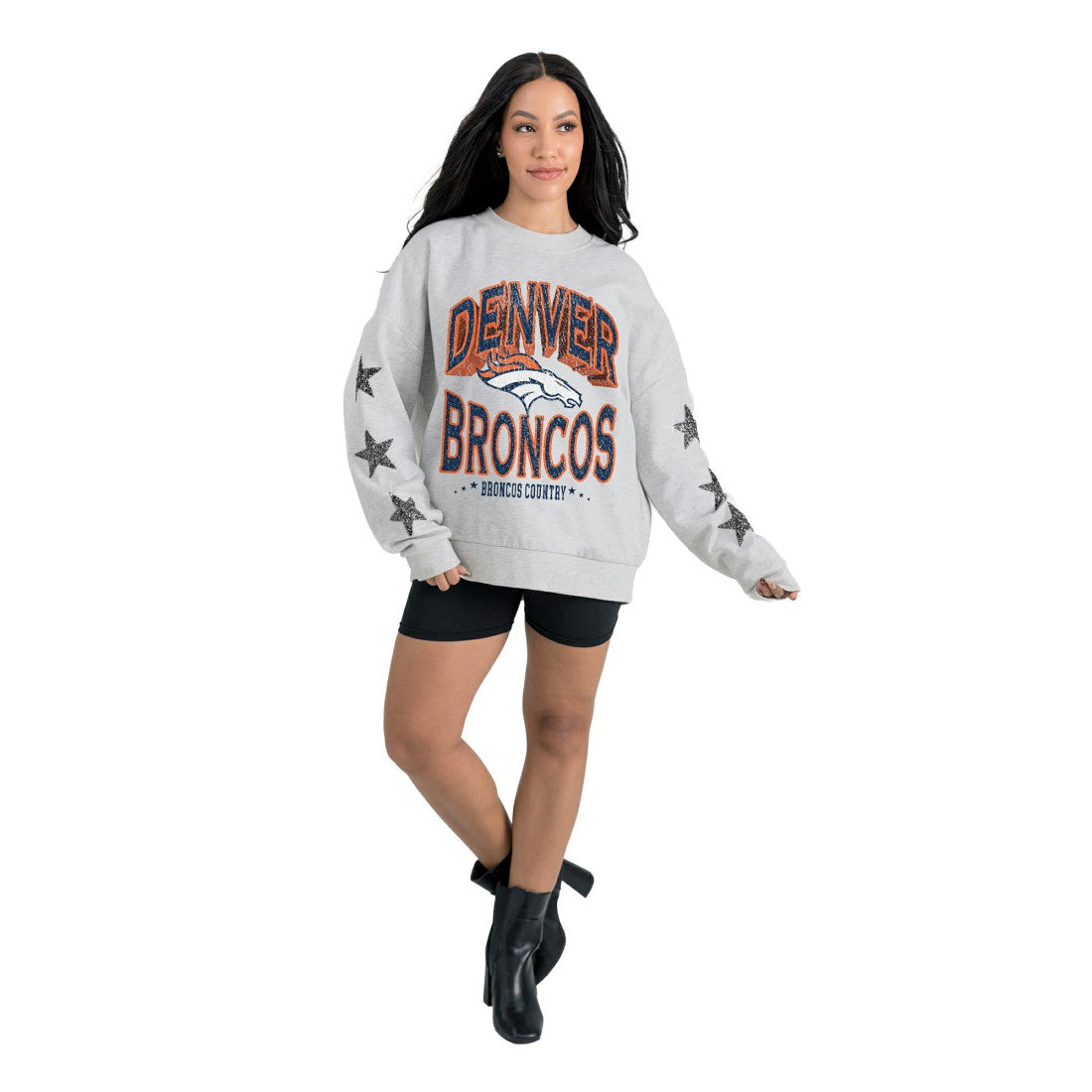 Denver Broncos Gameday Couture Women's Resilience Relaxed Rhinestone Pullover Sweatshirt Ash