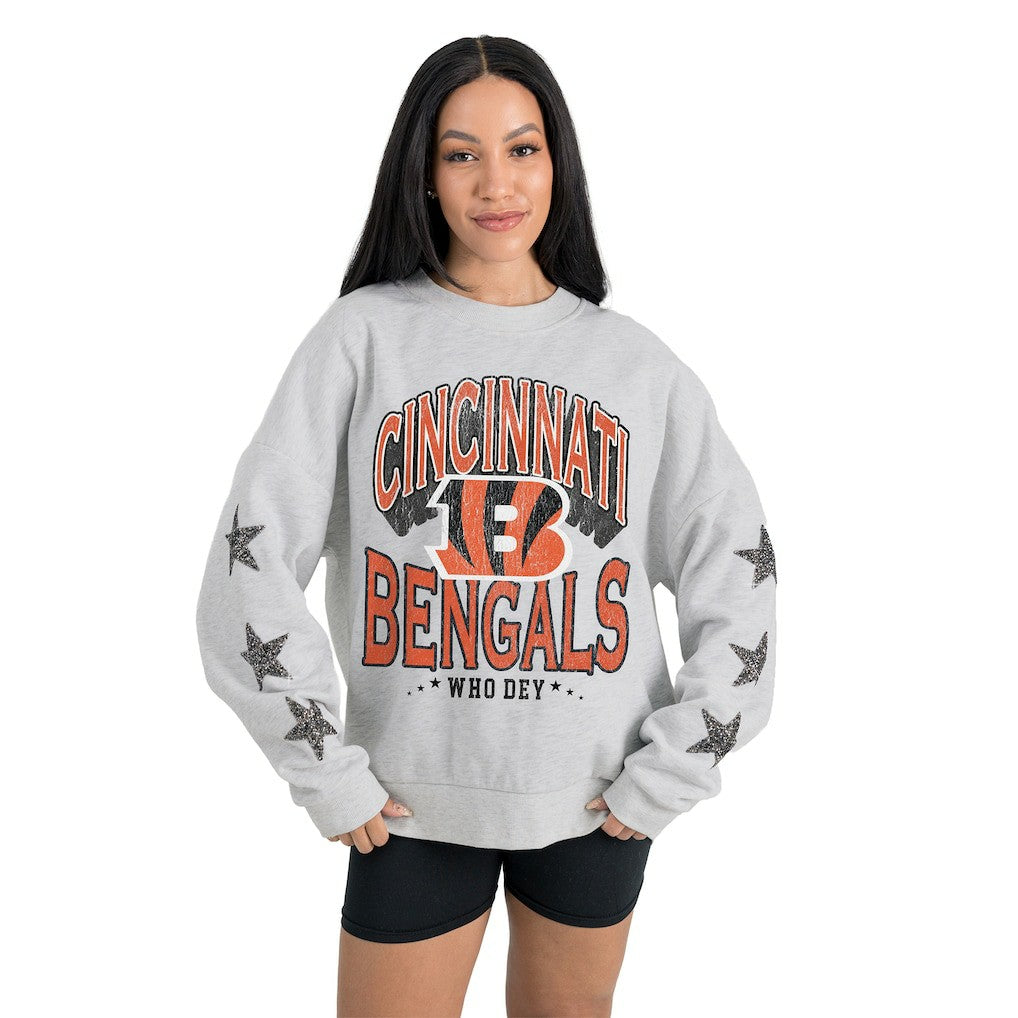 Cincinnati Bengals Gameday Couture Women's Resilience Relaxed Rhinestone Pullover Sweatshirt Ash