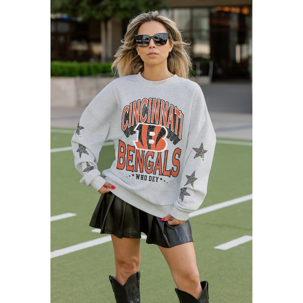 Cincinnati Bengals Gameday Couture Women's Resilience Relaxed Rhinestone Pullover Sweatshirt Ash
