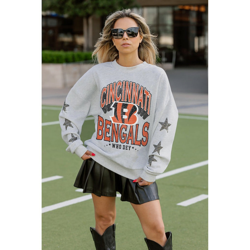 Cincinnati Bengals Gameday Couture Women's Resilience Relaxed Rhinestone Pullover Sweatshirt Ash
