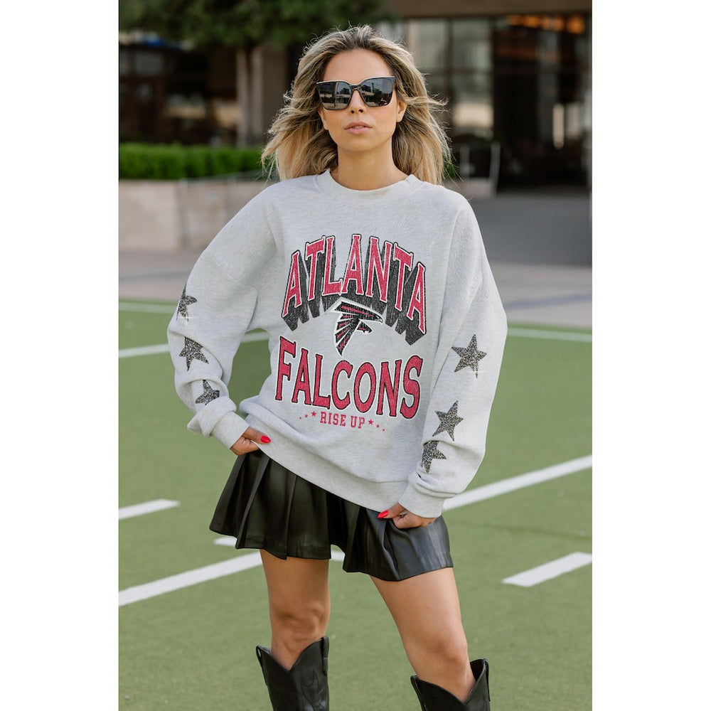 Atlanta Falcons Gameday Couture Women's Resilience Relaxed Rhinestone Pullover Sweatshirt Ash