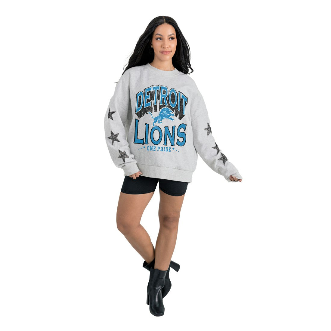 Detroit Lions Gameday Couture Women's Resilience Relaxed Rhinestone Pullover Sweatshirt Ash