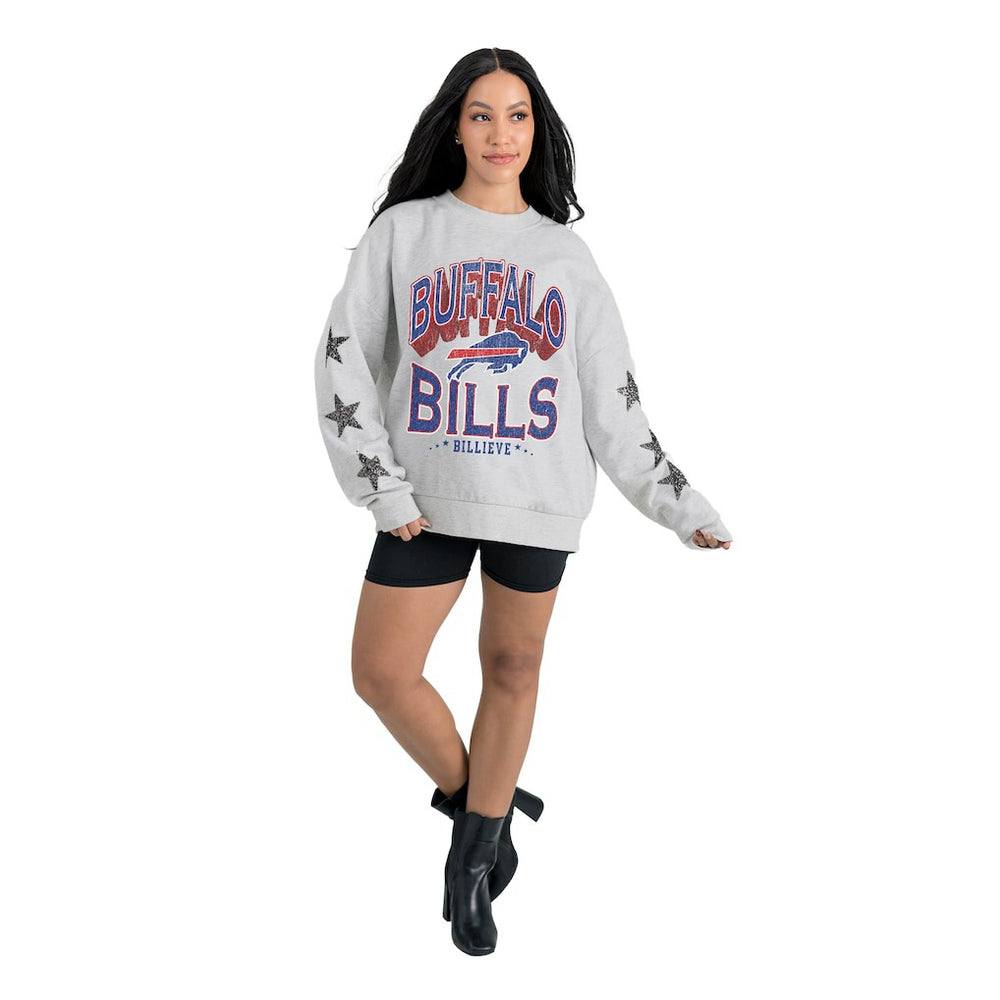 Buffalo Bills Gameday Couture Women's Resilience Relaxed Rhinestone Pullover Sweatshirt Ash