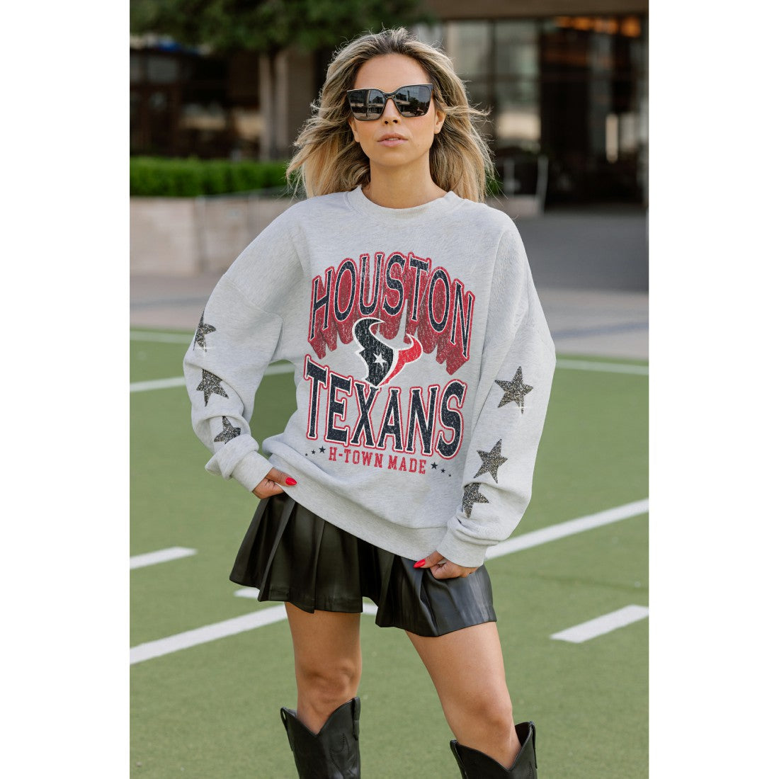 Houston Texans Gameday Couture Women's Resilience Relaxed Rhinestone Pullover Sweatshirt Ash