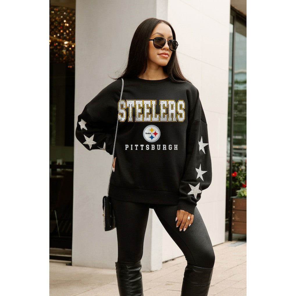 Pittsburgh Steelers Gameday Couture Women's Velocity Relaxed Rhinestone Pullover Sweatshirt Black