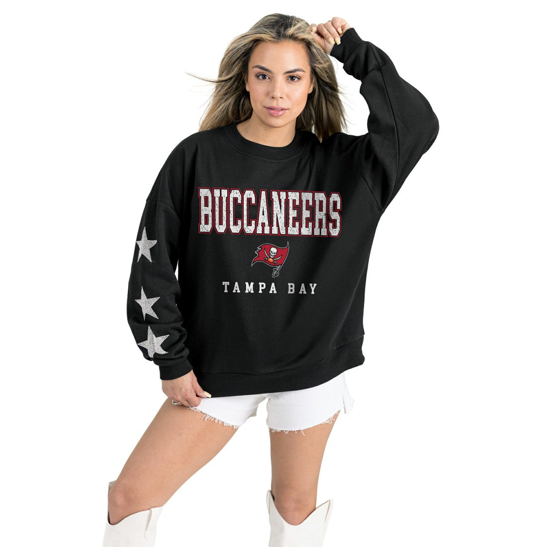 Tampa Bay Buccaneers Gameday Couture Women's Velocity Relaxed Rhinestone Pullover Sweatshirt Black