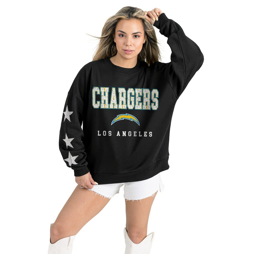 Los Angeles Chargers Gameday Couture Women's Velocity Relaxed Rhinestone Pullover Sweatshirt Black