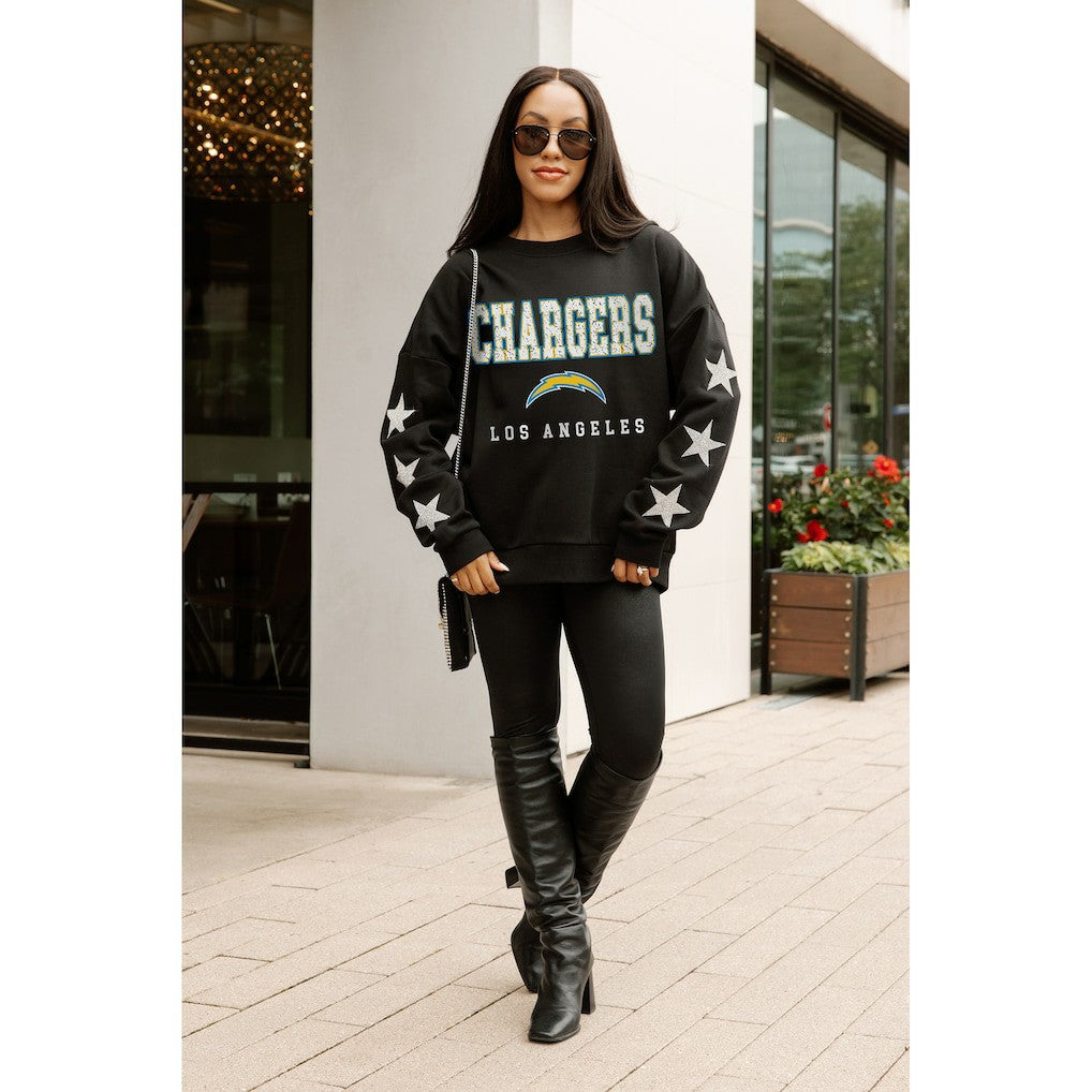 Los Angeles Chargers Gameday Couture Women's Velocity Relaxed Rhinestone Pullover Sweatshirt Black