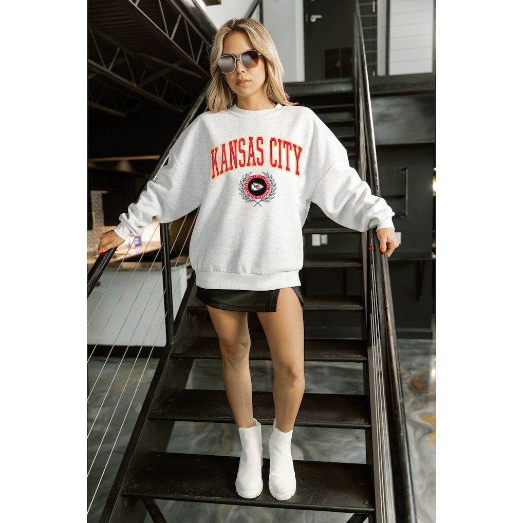 Kansas City Chiefs Gameday Couture Women's Traditional Logo Oversized Premium Fleece Pullover Sweatshirt Ash