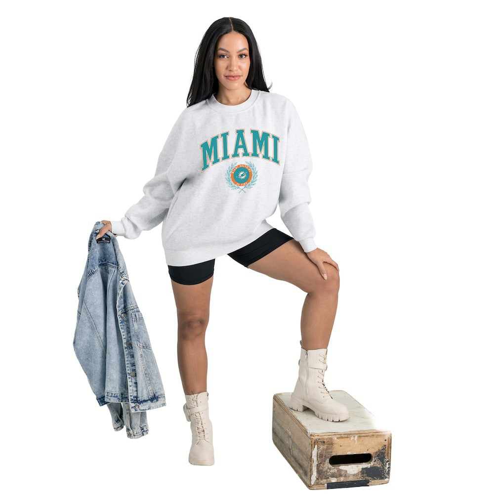 Miami Dolphins Gameday Couture Women's Traditional Logo Oversized Premium Fleece Pullover Sweatshirt Ash