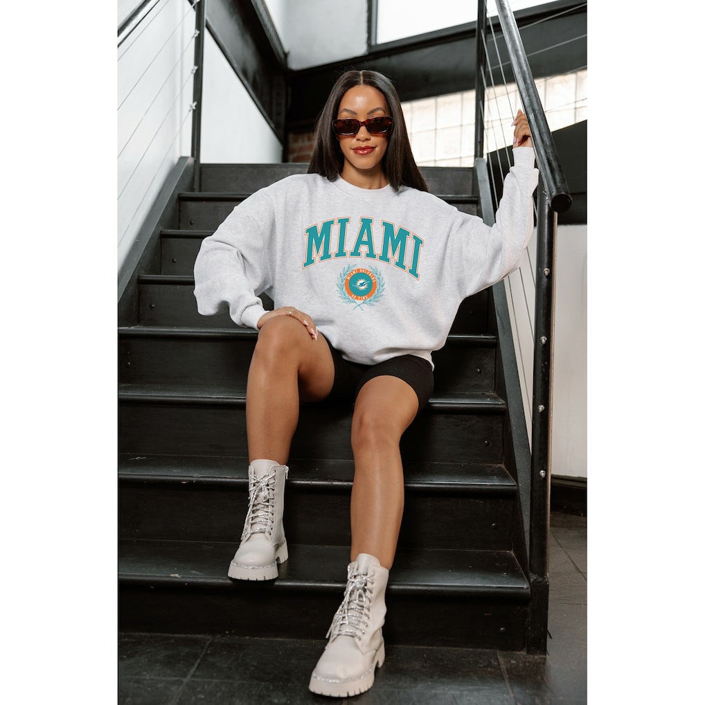 Miami Dolphins Gameday Couture Women's Traditional Logo Oversized Premium Fleece Pullover Sweatshirt Ash