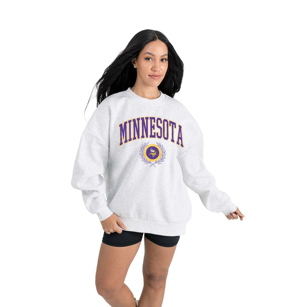 Minnesota Vikings Gameday Couture Women's Traditional Logo Oversized Premium Fleece Pullover Sweatshirt Ash