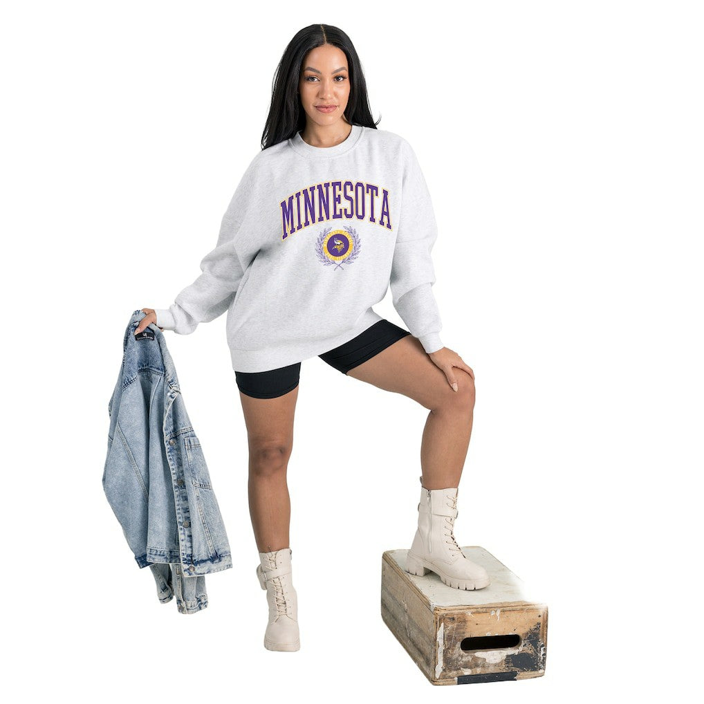 Minnesota Vikings Gameday Couture Women's Traditional Logo Oversized Premium Fleece Pullover Sweatshirt Ash