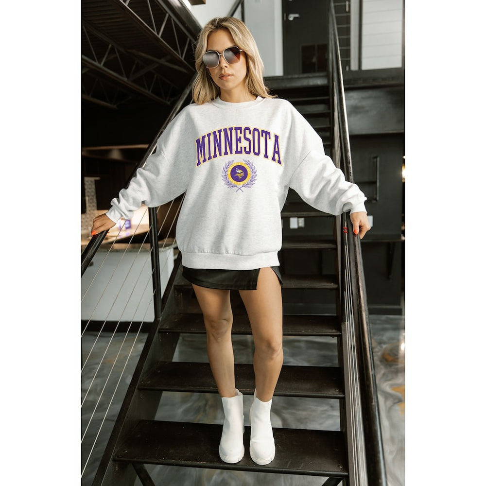 Minnesota Vikings Gameday Couture Women's Traditional Logo Oversized Premium Fleece Pullover Sweatshirt Ash