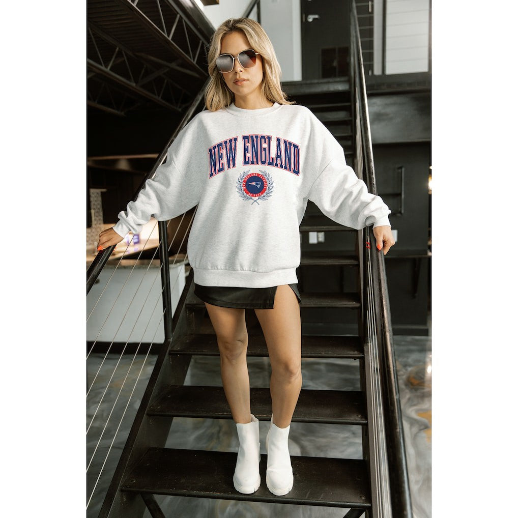New England Patriots Gameday Couture Women's Traditional Logo Oversized Premium Fleece Pullover Sweatshirt Ash