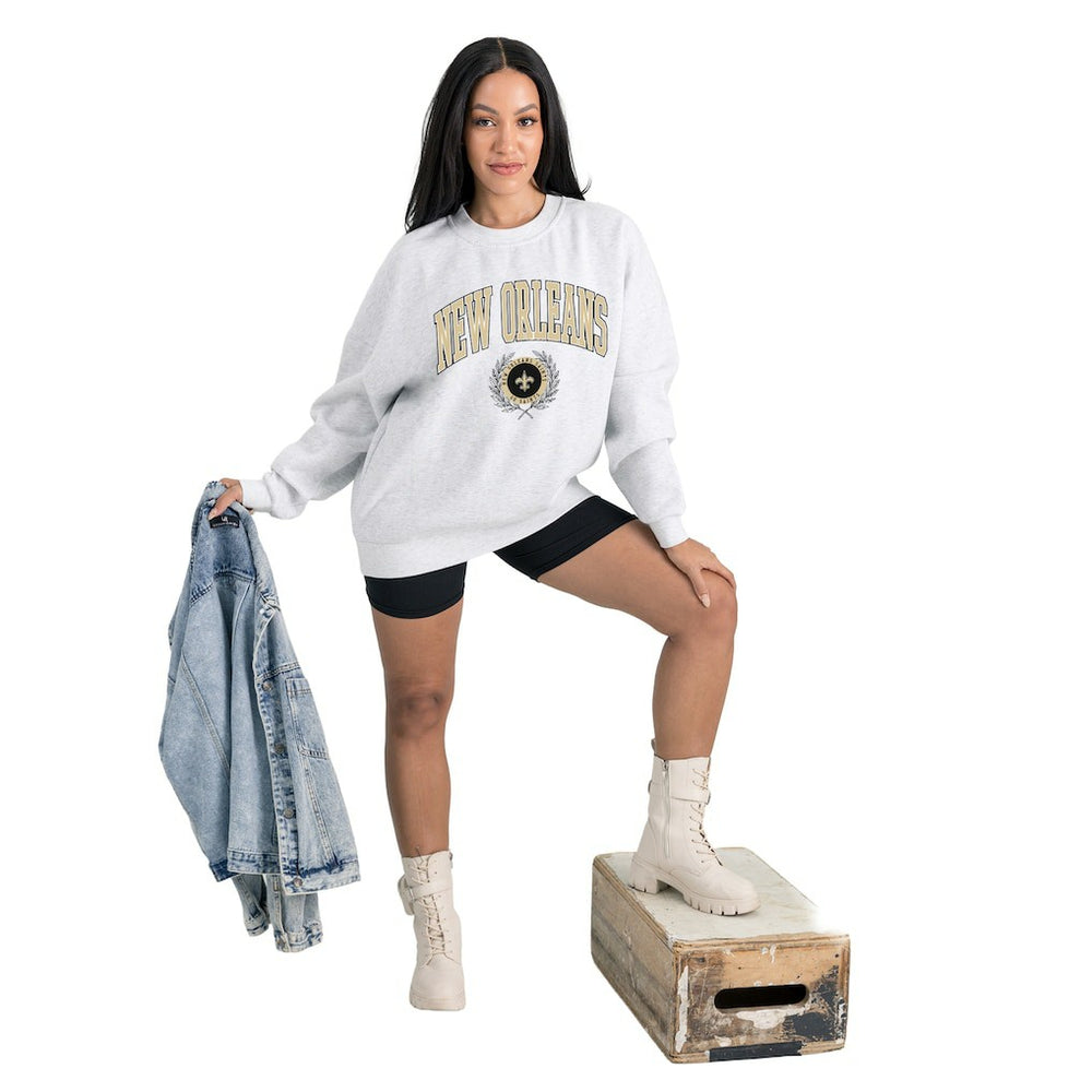 New Orleans Saints Gameday Couture Women's Traditional Logo Oversized Premium Fleece Pullover Sweatshirt Ash