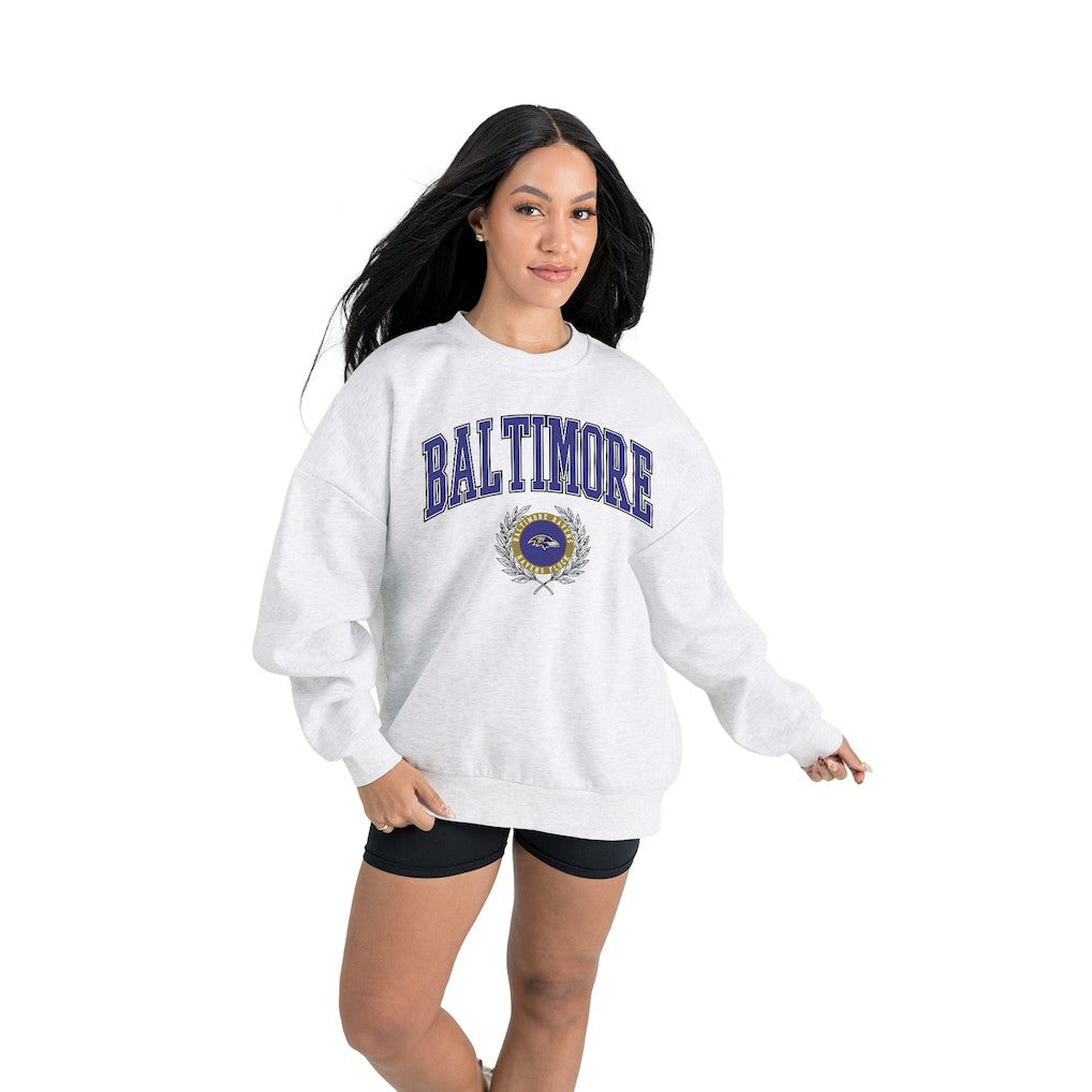 Baltimore Ravens Gameday Couture Women's Traditional Logo Oversized Premium Fleece Pullover Sweatshirt Ash