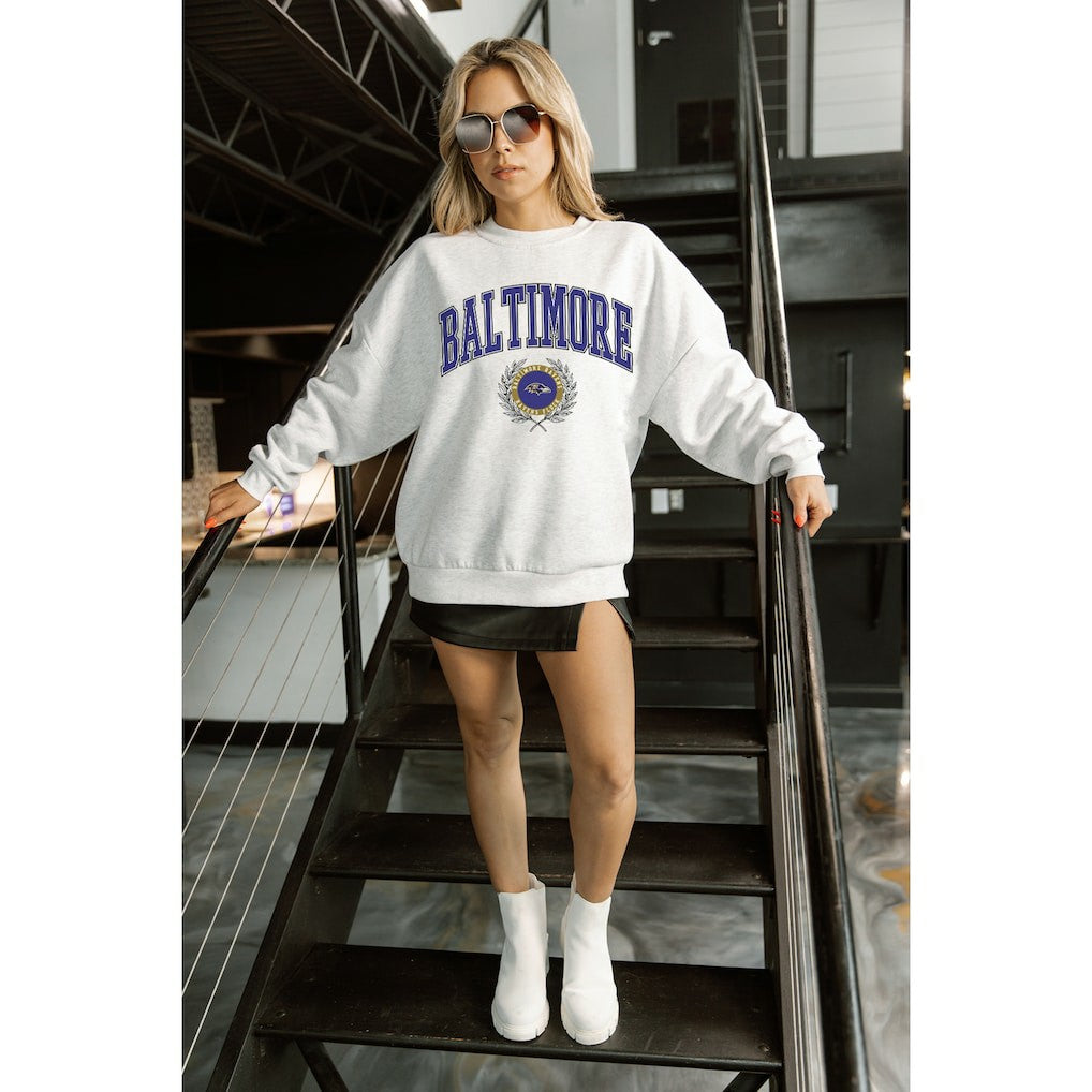 Baltimore Ravens Gameday Couture Women's Traditional Logo Oversized Premium Fleece Pullover Sweatshirt Ash