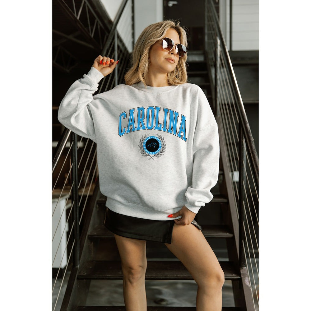 Carolina Panthers Gameday Couture Women's Traditional Logo Oversized Premium Fleece Pullover Sweatshirt Ash