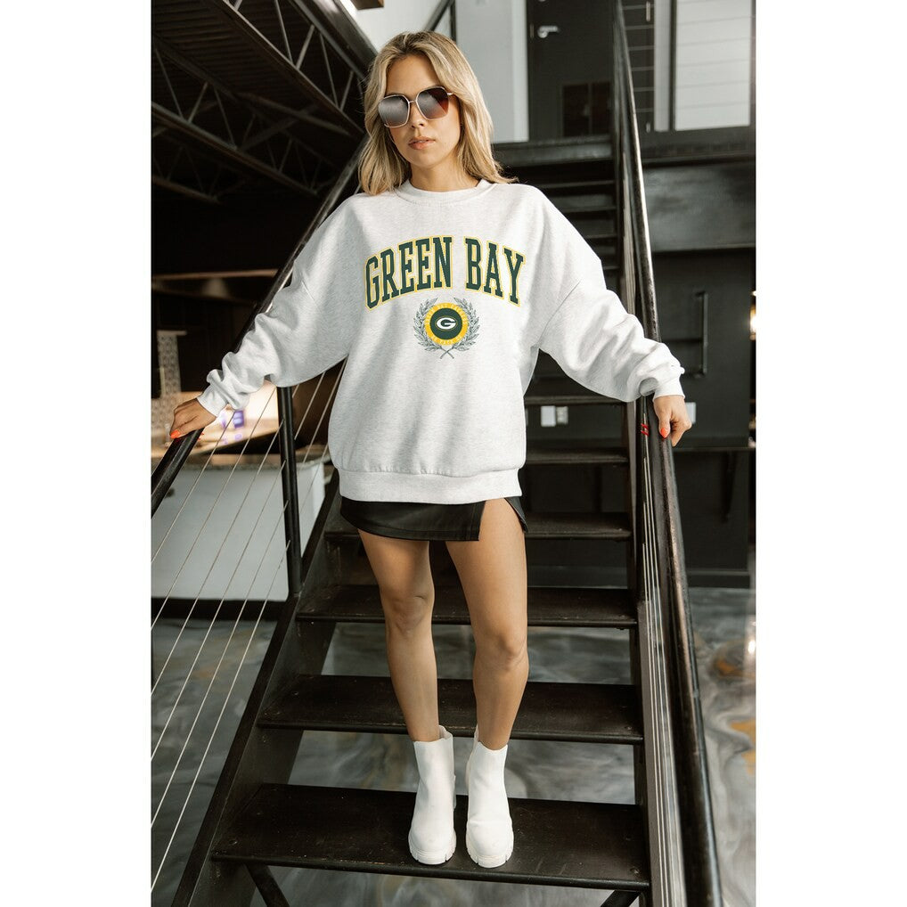 Green Bay Packers Gameday Couture Women's Traditional Logo Oversized Premium Fleece Pullover Sweatshirt Ash