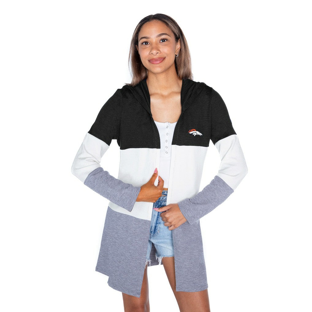 Denver Broncos Gameday Couture Women's Tri-Blend Color Block Lightweight Cardigan Hoodie Black
