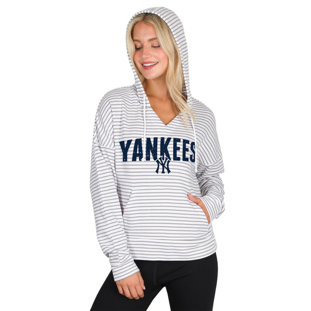 New York Yankees Concepts Sport Women's Liftoff Striped V-Neck Hoodie - White/Gray - MLB Lifestyle