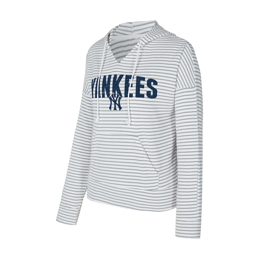 New York Yankees Concepts Sport Women's Liftoff Striped V-Neck Hoodie - White/Gray - MLB Lifestyle