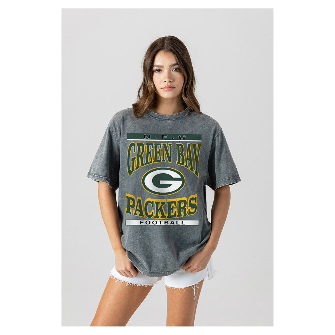 Green Bay Packers Gameday Couture Women's Oversized Classic Grind Washed T-Shirt Gray