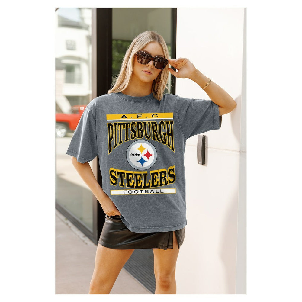Pittsburgh Steelers Gameday Couture Women's Oversized Classic Grind Washed T-Shirt Gray