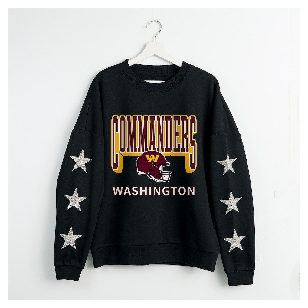 Washington Commanders Gameday Couture Women's Pure Victory Rhinestud Star-Sleeve Pullover Sweatshirt Black