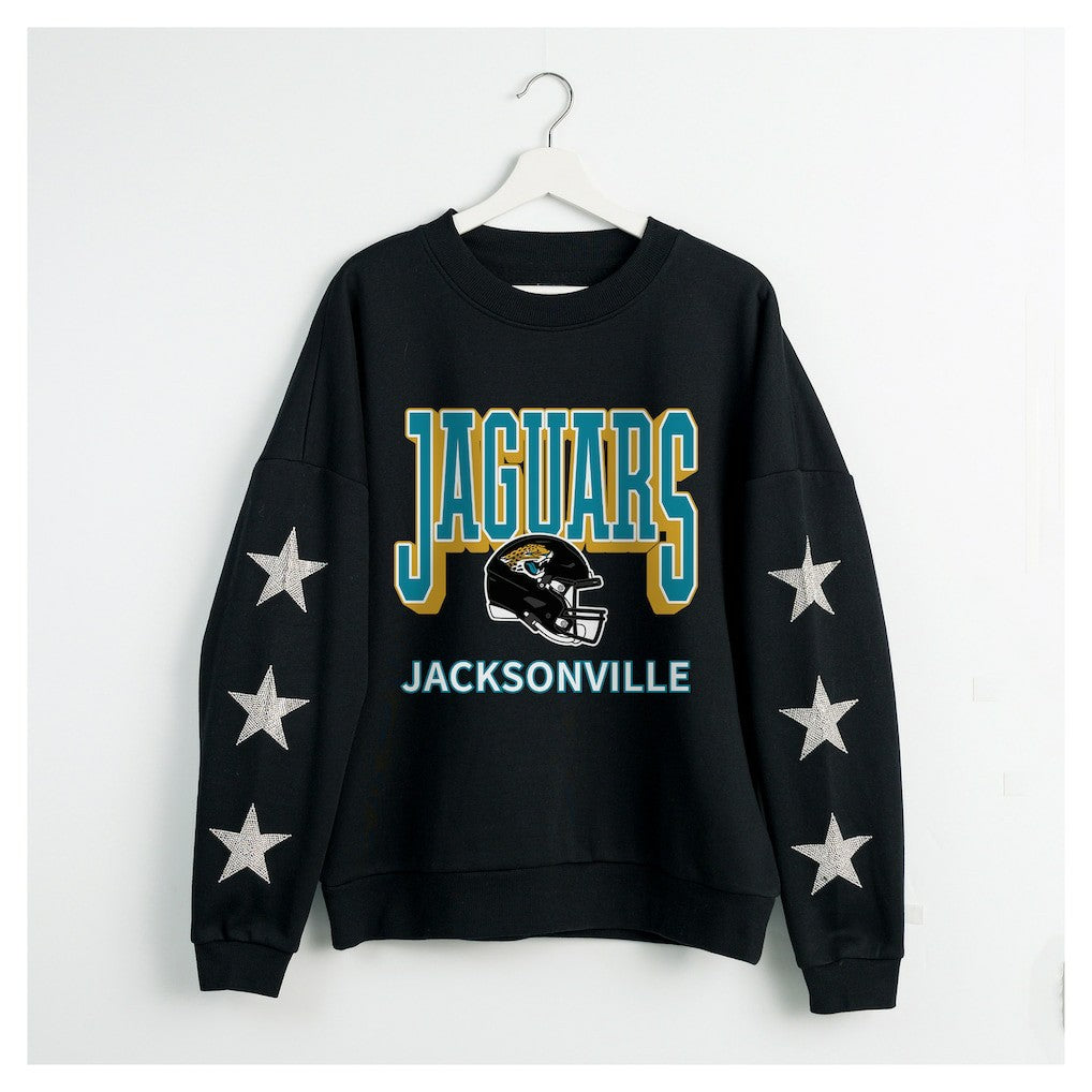 Jacksonville Jaguars Gameday Couture Women's Pure Victory Rhinestud Star-Sleeve Pullover Sweatshirt Black