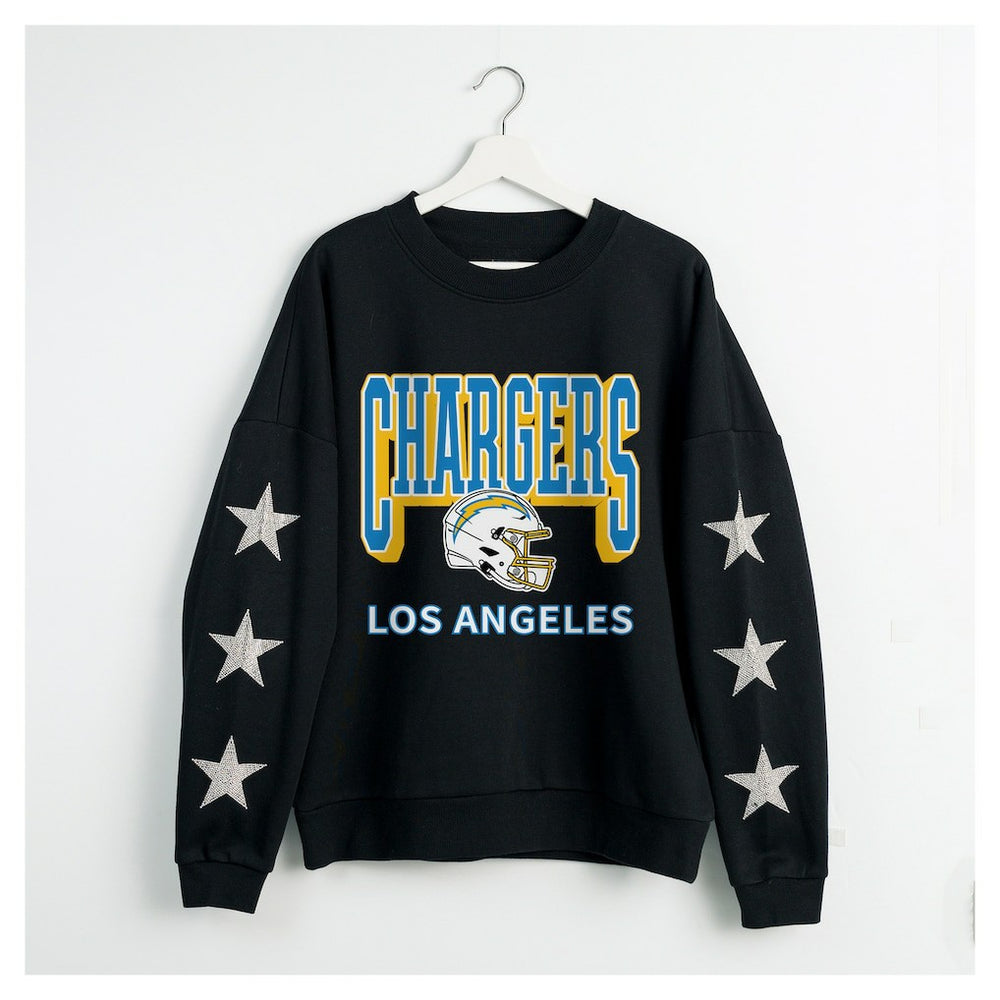 Los Angeles Chargers Gameday Couture Women's Pure Victory Rhinestud Star-Sleeve Pullover Sweatshirt Black