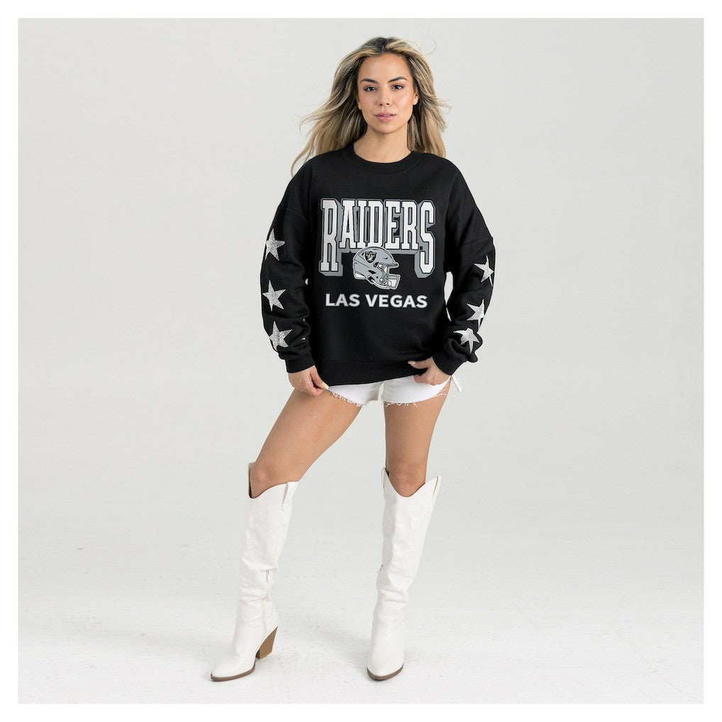 Las Vegas Raiders Gameday Couture Women's Pure Victory Rhinestud Star-Sleeve Pullover Sweatshirt Black