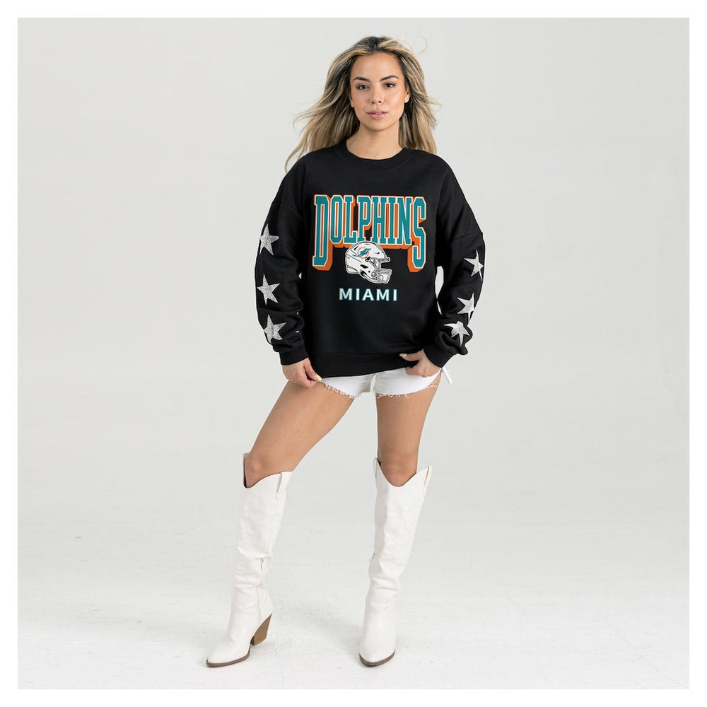 Miami Dolphins Gameday Couture Women's Pure Victory Rhinestud Star-Sleeve Pullover Sweatshirt Black