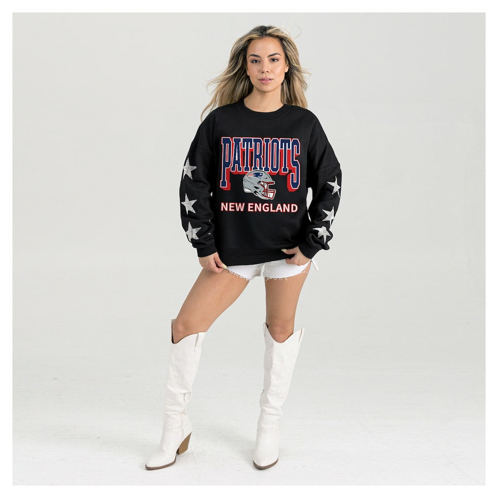 New England Patriots Gameday Couture Women's Pure Victory Rhinestud Star-Sleeve Pullover Sweatshirt Black