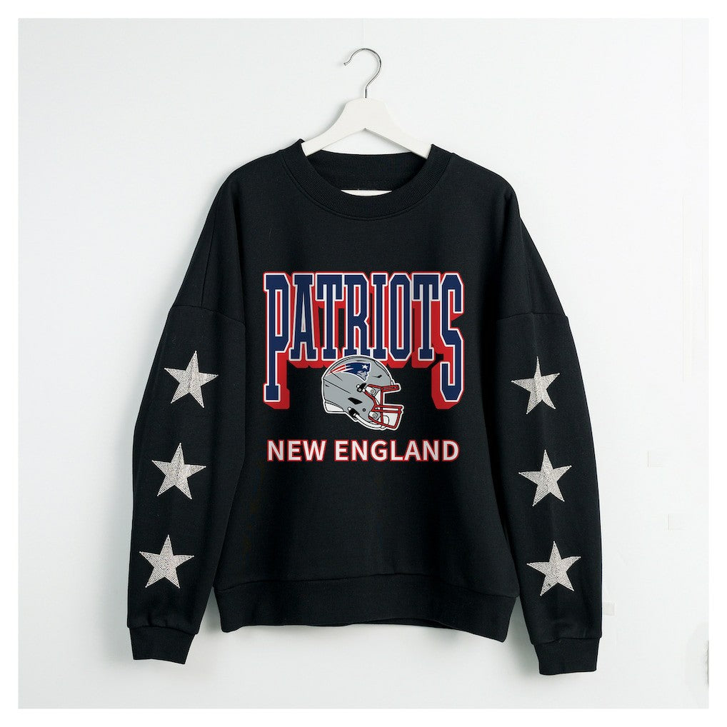 New England Patriots Gameday Couture Women's Pure Victory Rhinestud Star-Sleeve Pullover Sweatshirt Black