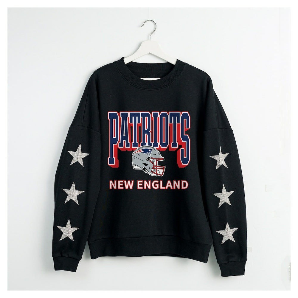 New England Patriots Gameday Couture Women's Pure Victory Rhinestud Star-Sleeve Pullover Sweatshirt Black