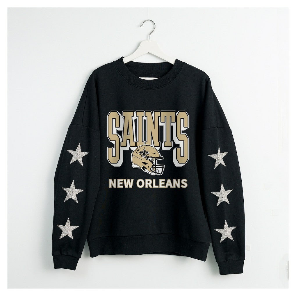 New Orleans Saints Gameday Couture Women's Pure Victory Rhinestud Star-Sleeve Pullover Sweatshirt Black