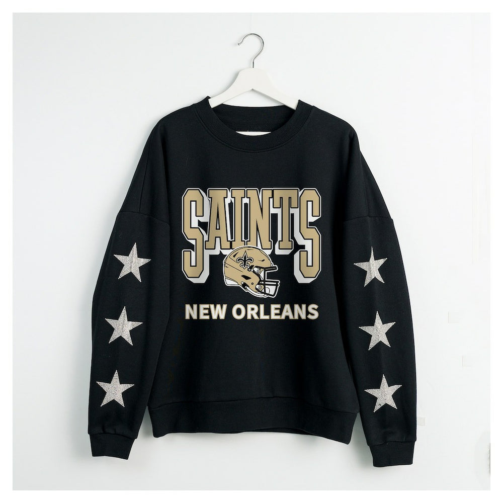 New Orleans Saints Gameday Couture Women's Pure Victory Rhinestud Star-Sleeve Pullover Sweatshirt Black