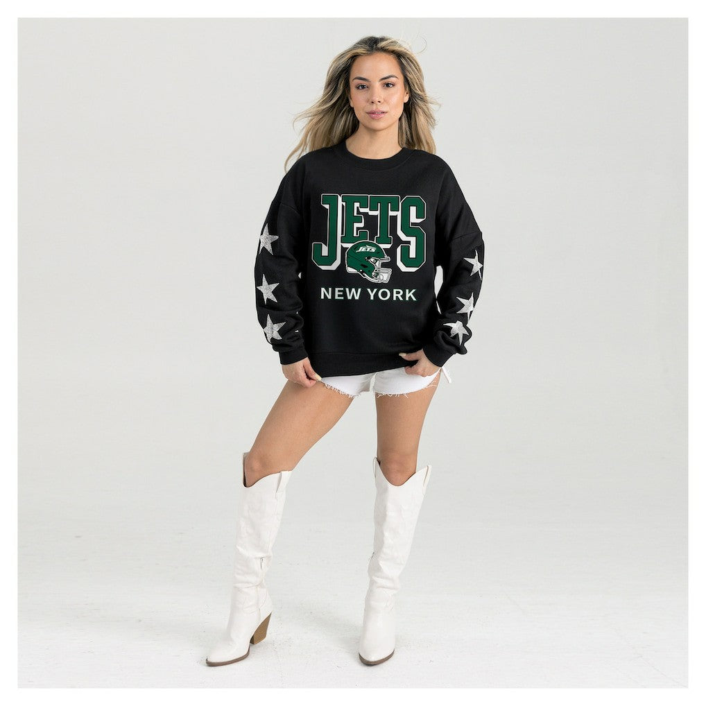 New York Jets Gameday Couture Women's Pure Victory Rhinestud Star-Sleeve Pullover Sweatshirt Black