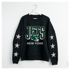 New York Jets Gameday Couture Women's Pure Victory Rhinestud Star-Sleeve Pullover Sweatshirt Black