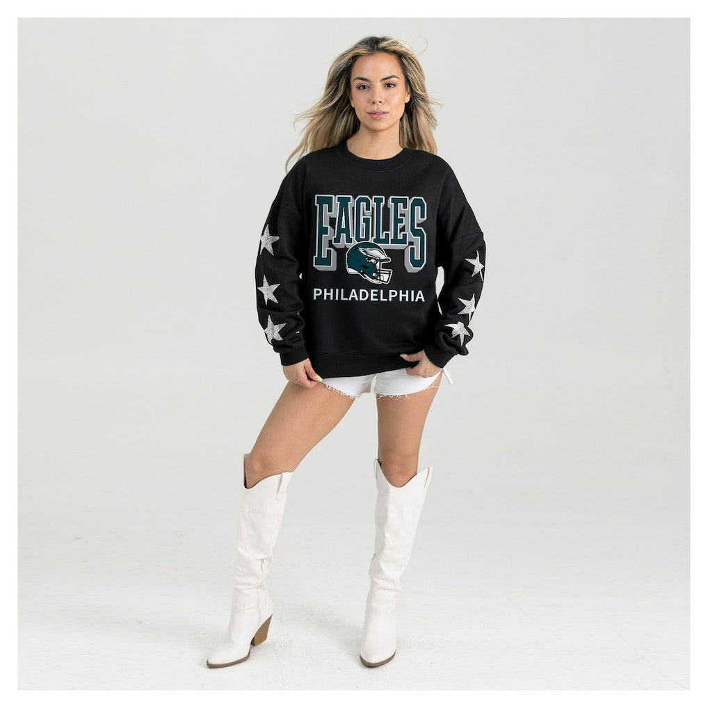 Philadelphia Eagles Gameday Couture Women's Pure Victory Rhinestud Star-Sleeve Pullover Sweatshirt Black