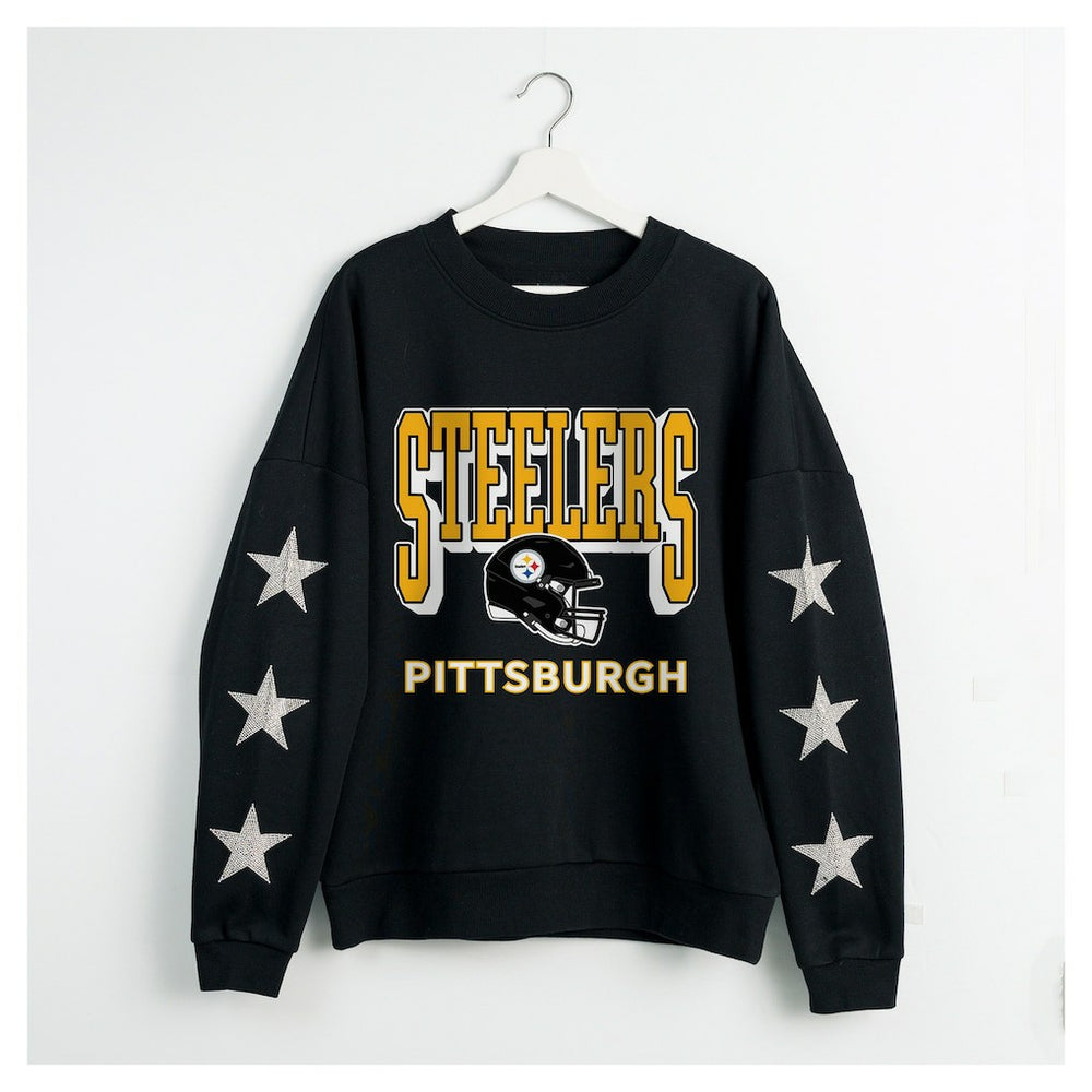 Pittsburgh Steelers Gameday Couture Women's Pure Victory Rhinestud Star-Sleeve Pullover Sweatshirt Black