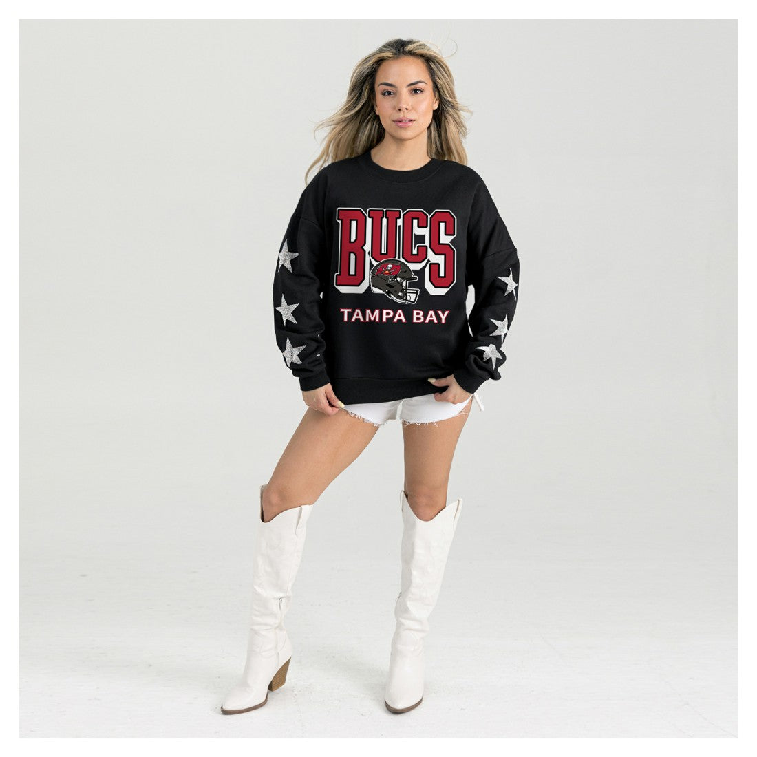 Tampa Bay Buccaneers Gameday Couture Women's Pure Victory Rhinestud Star-Sleeve Pullover Sweatshirt Black