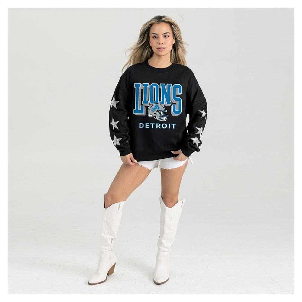 Detroit Lions Gameday Couture Women's Pure Victory Rhinestud Star-Sleeve Pullover Sweatshirt Black