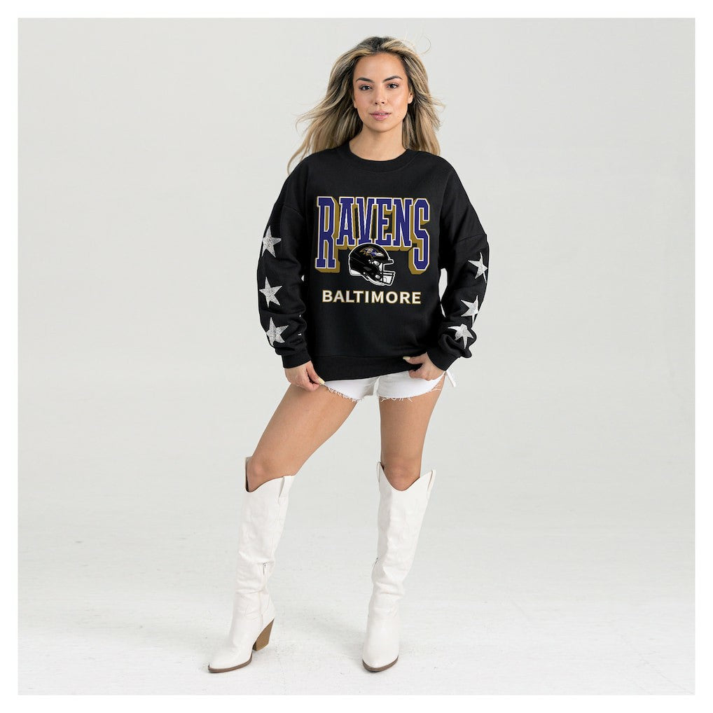 Baltimore Ravens Gameday Couture Women's Pure Victory Rhinestud Star-Sleeve Pullover Sweatshirt Black