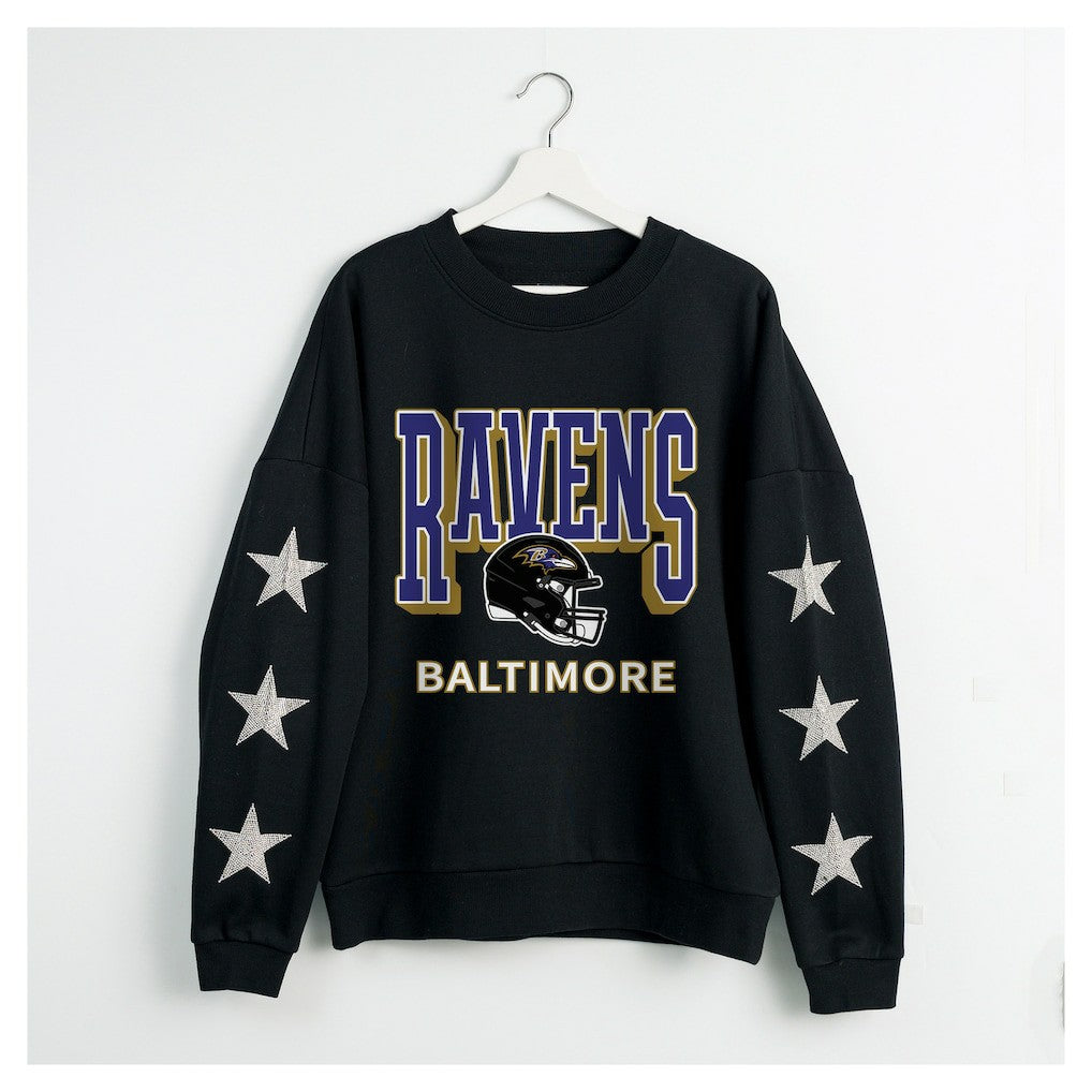 Baltimore Ravens Gameday Couture Women's Pure Victory Rhinestud Star-Sleeve Pullover Sweatshirt Black