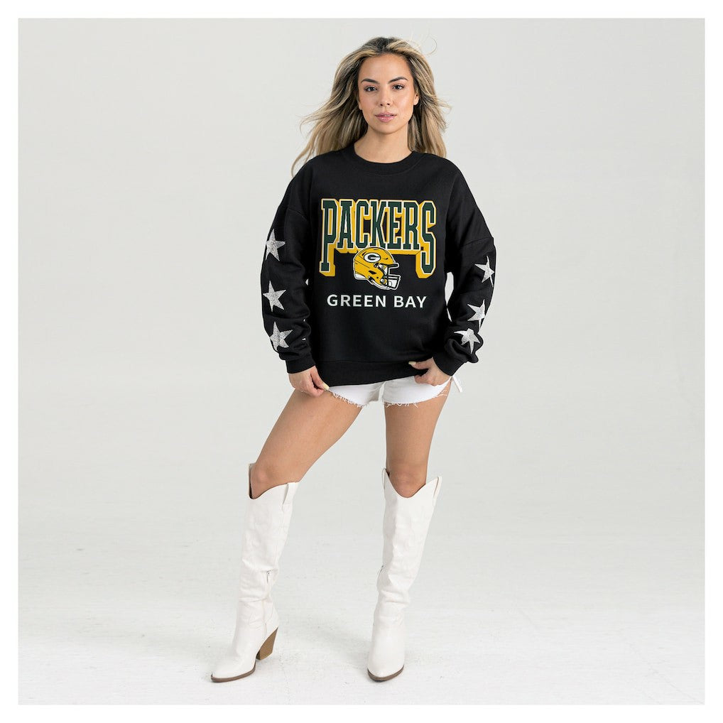 Green Bay Packers Gameday Couture Women's Pure Victory Rhinestud Star-Sleeve Pullover Sweatshirt Black