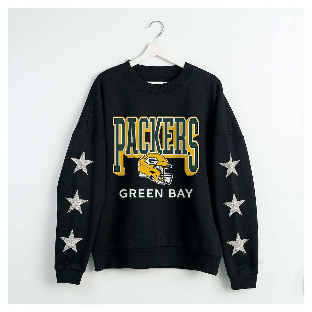 Green Bay Packers Gameday Couture Women's Pure Victory Rhinestud Star-Sleeve Pullover Sweatshirt Black